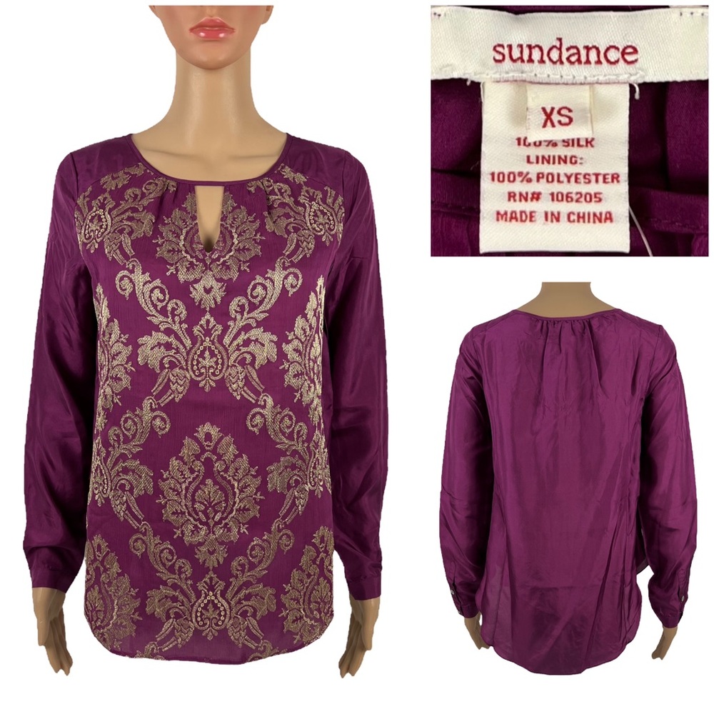 Sundance Womens XS Top Tunic Purple Gold Embroidered 100% Silk Long Sleeve NWOT